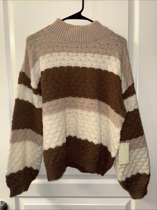 Sweet Wanderer Sweaters - Sweet Wanderer Striped Cowl-Neck Sweater in Brown, Cream & Tan
